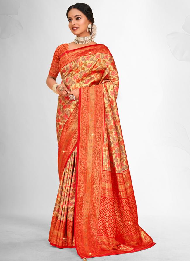 Banarasi Silk Orange Festival Wear Weaving Saree